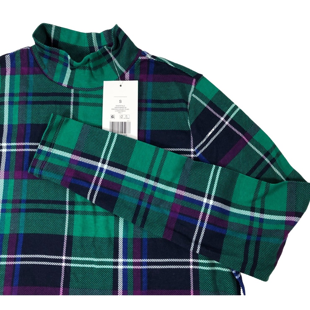 Kim Rogers Mock Neck Top Women's Small Plaid Green Long Sleeve Shirt Holiday NWT